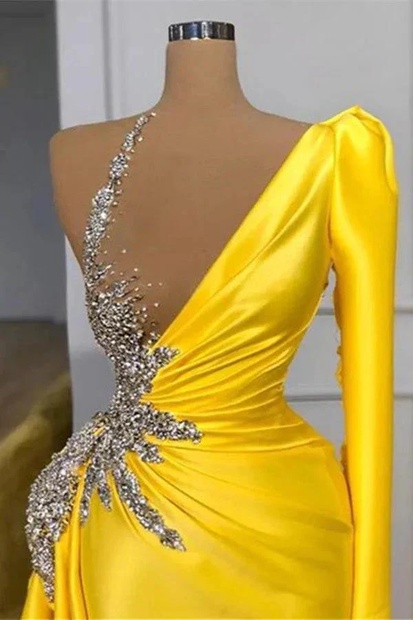 Yellow Mermaid Long One Shoulder Satin Prom Dress with Sleeves - Image 2