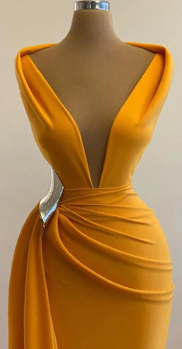 Yellow Mermaid Prom Dresses Deep V Neck Sexy Evening Dress Cocktail Party Sweep Train Formal Occasion Wear Y4931 - Image 2