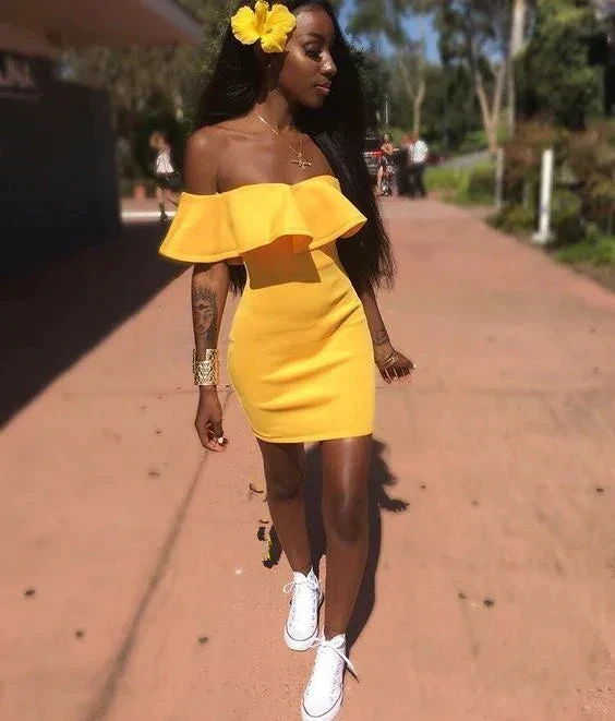 Yellow Off The Shoulder Party Dress Yellow Short Homecoming Dress Y2058 - Image 2