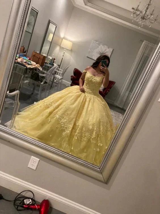 Yellow Off The Shoulder Quinceanera Dress Tulle Appliques Ball Gown Y658 - Image 2