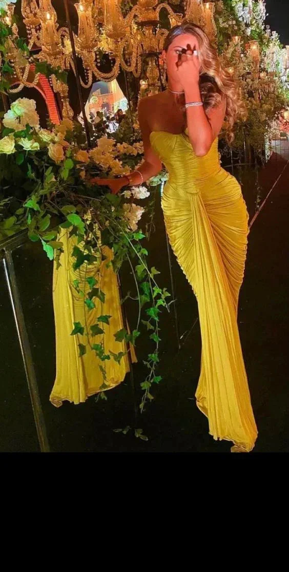 Yellow Pleated Long Prom Dresses Sweetheart Mermaid Floor Length Evening Gowns Y5276 - Image 2