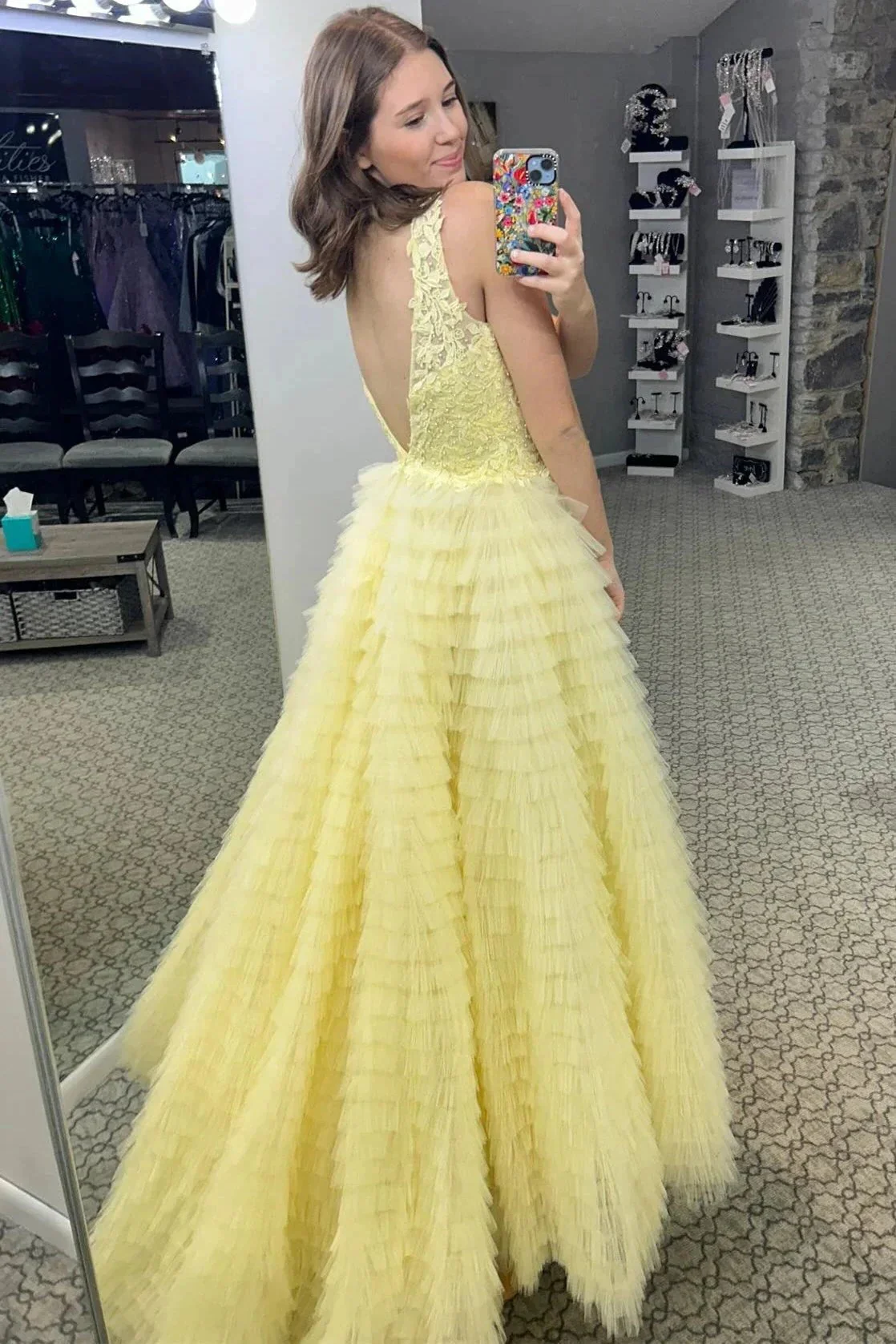 Yellow Plunge V Ruffle Tiered Long Prom Dress with Slit - Image 2