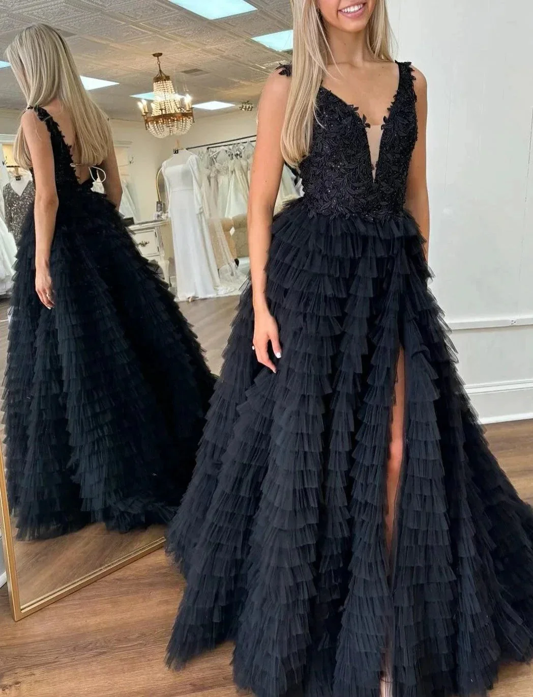 Yellow Plunge V Ruffle Tiered Long Prom Dress with Slit - Image 3