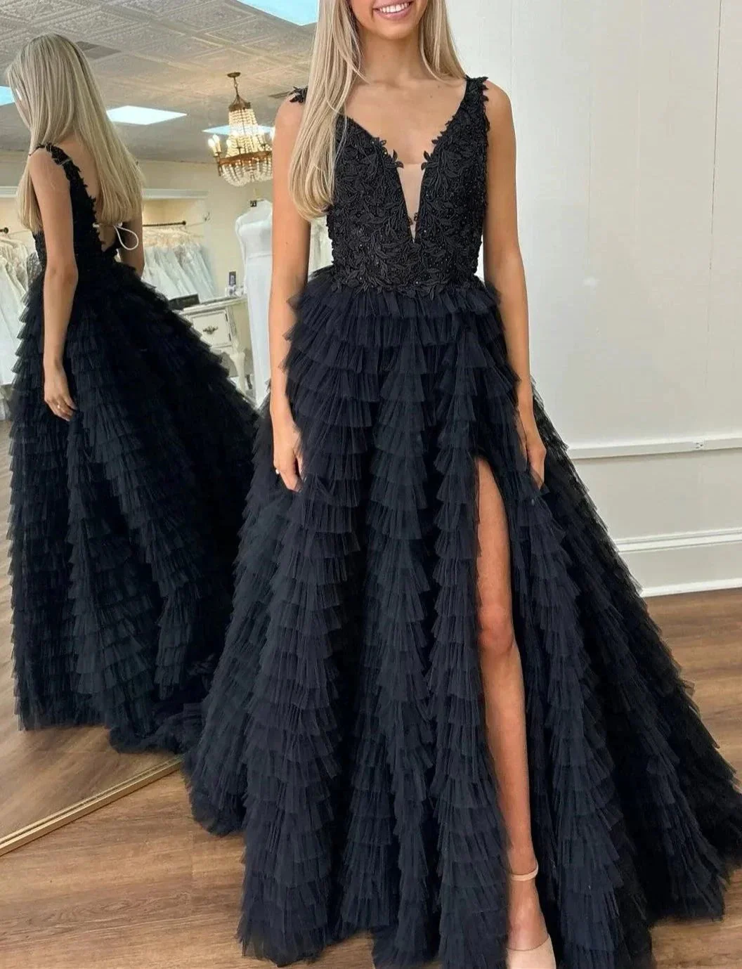 Yellow Plunge V Ruffle Tiered Long Prom Dress with Slit - Image 4
