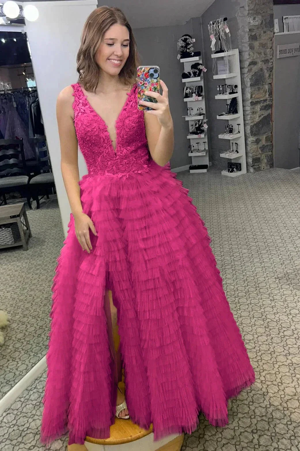 Yellow Plunge V Ruffle Tiered Long Prom Dress with Slit - Image 5