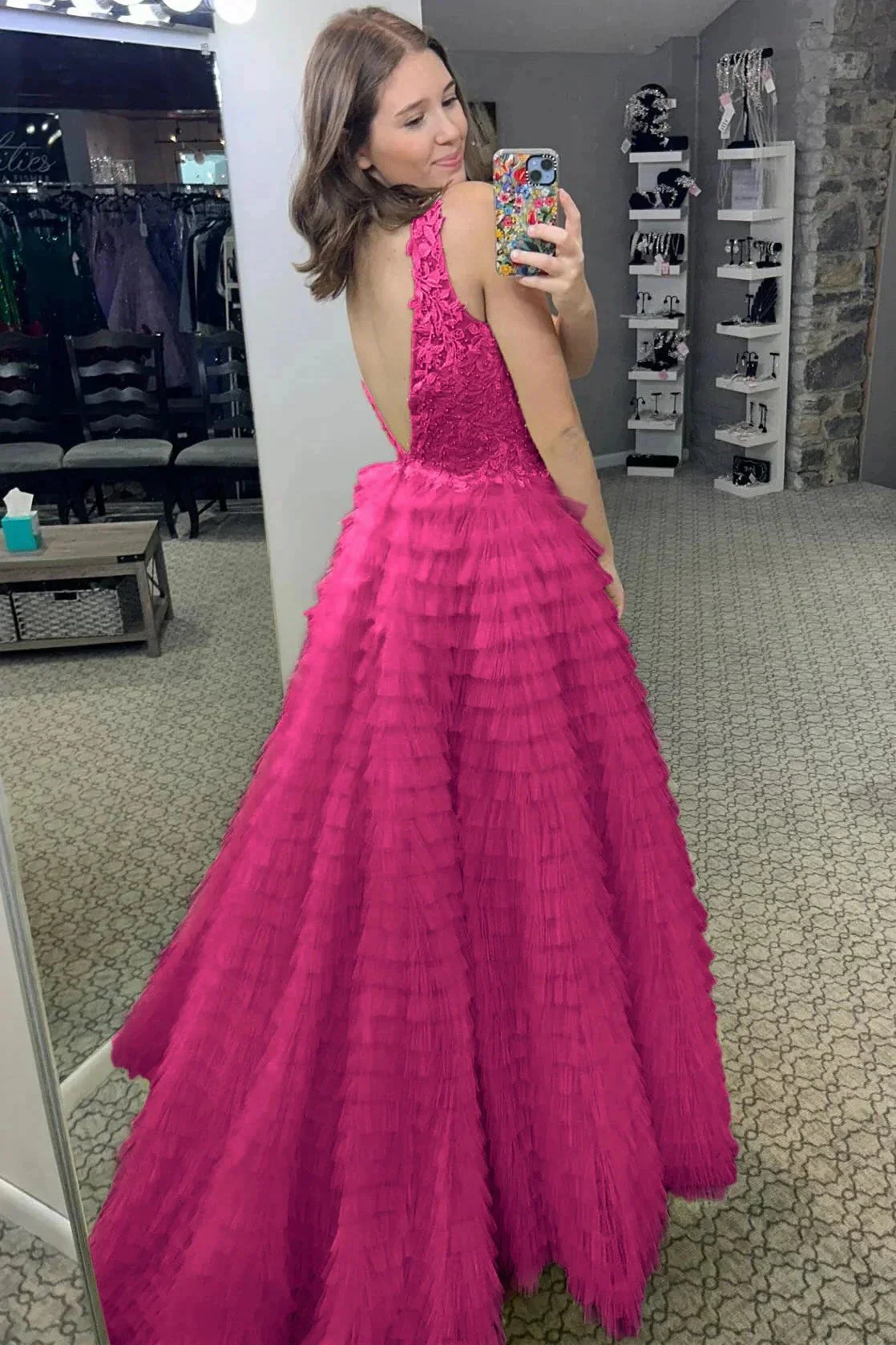 Yellow Plunge V Ruffle Tiered Long Prom Dress with Slit - Image 6