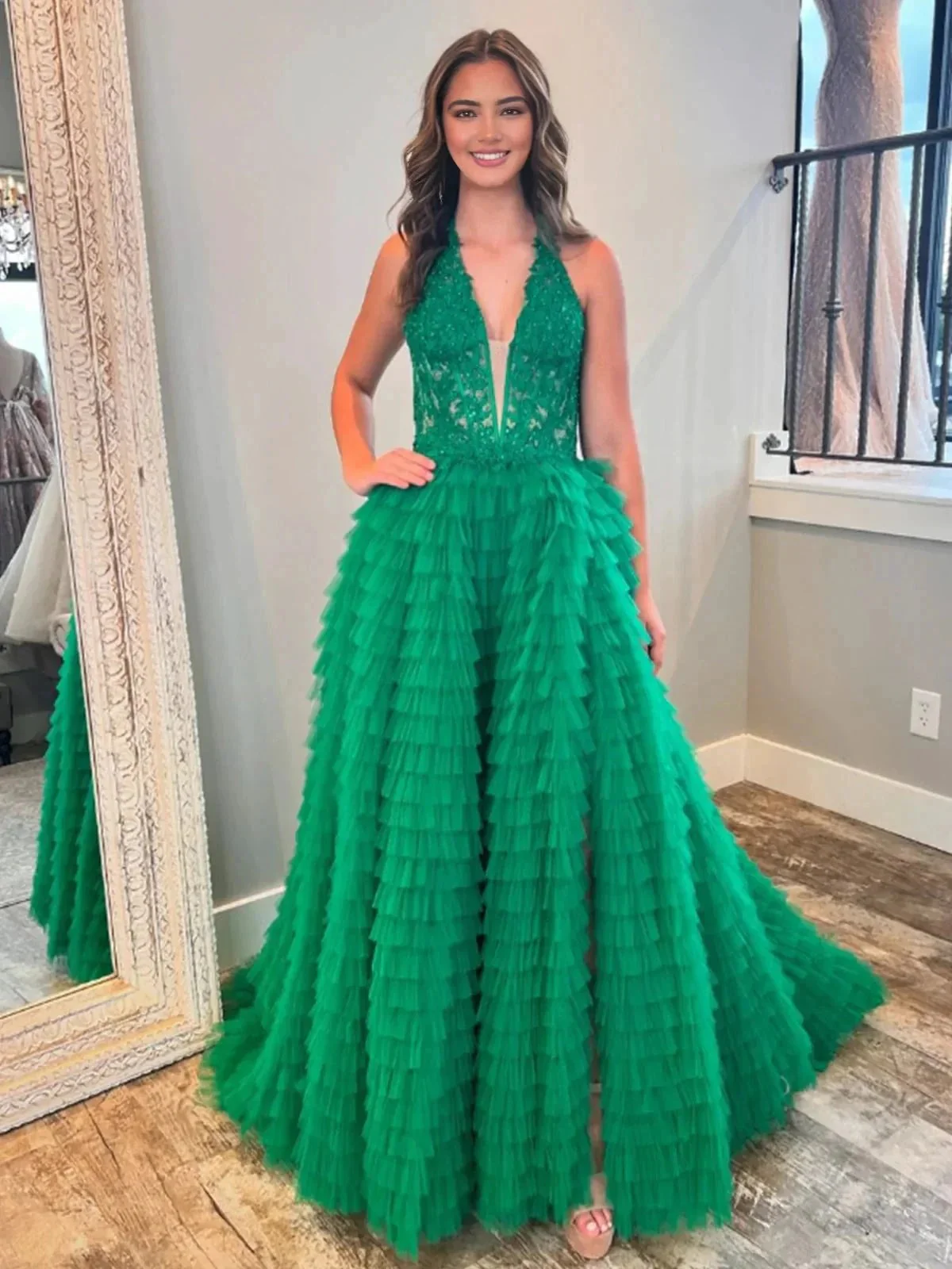 Yellow Plunge V Ruffle Tiered Long Prom Dress with Slit - Image 7