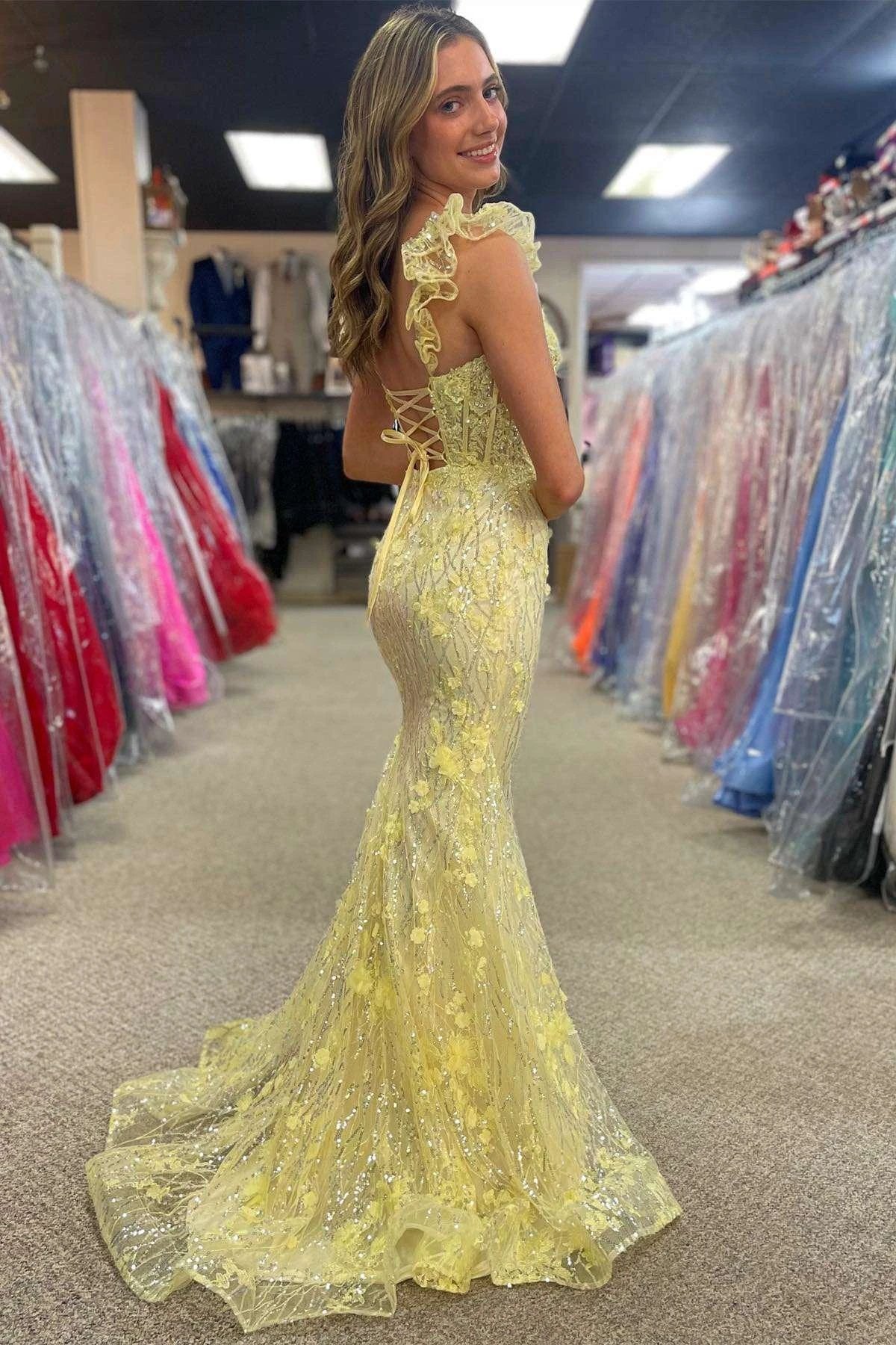 Mckinley | Yellow Ruffle Straps 3D Flower Mermaid Long Prom Dress - Image 2