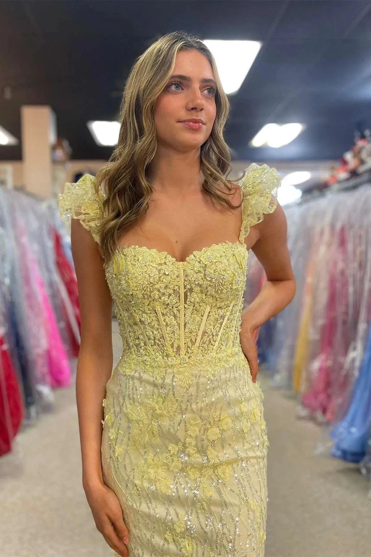 Mckinley | Yellow Ruffle Straps 3D Flower Mermaid Long Prom Dress - Image 3