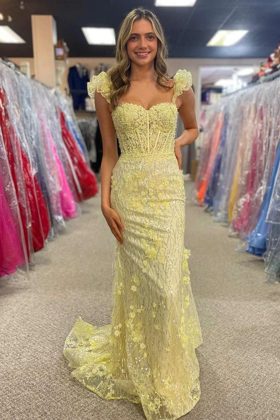 Mckinley | Yellow Ruffle Straps 3D Flower Mermaid Long Prom Dress - Image 4