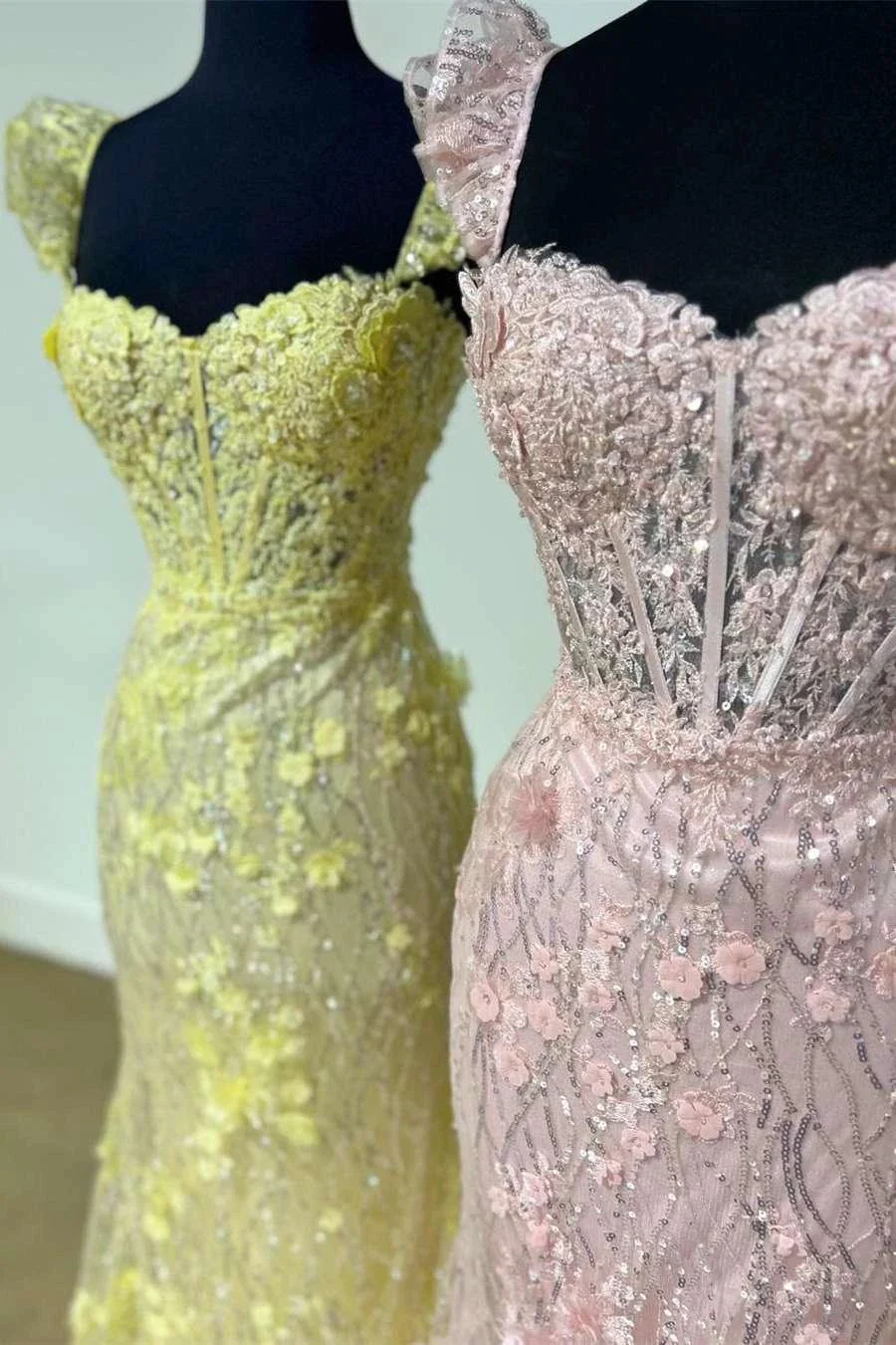 Mckinley | Yellow Ruffle Straps 3D Flower Mermaid Long Prom Dress - Image 6