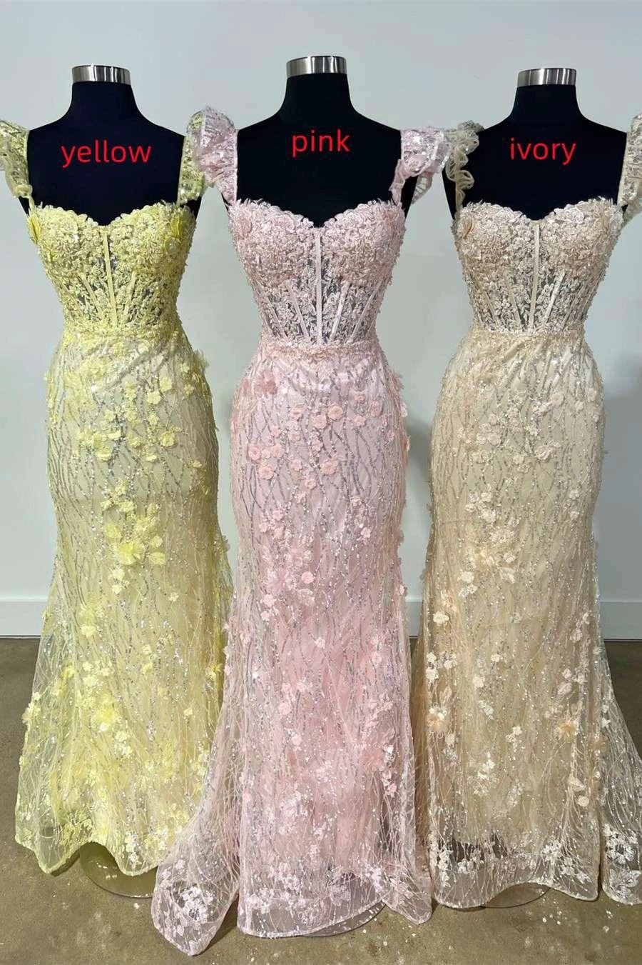Mckinley | Yellow Ruffle Straps 3D Flower Mermaid Long Prom Dress - Image 7