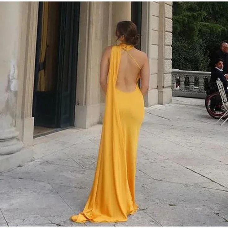 Yellow Satin Backless Off-Shoulder Long Prom Dress Evening Dress Y8466 - Image 2