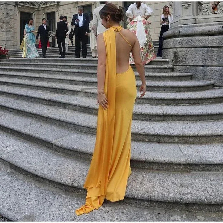 Yellow Satin Backless Off-Shoulder Long Prom Dress Evening Dress Y8466 - Image 3