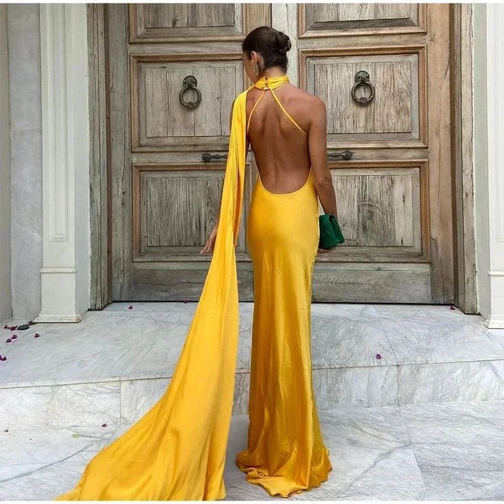 Yellow Satin Backless Off-Shoulder Long Prom Dress Evening Dress Y8466 - Image 4