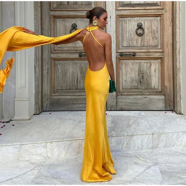 Yellow Satin Backless Off-Shoulder Long Prom Dress Evening Dress Y8466 - Image 5