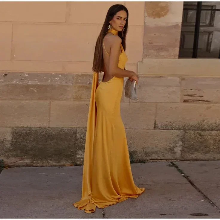 Yellow Satin Backless Off-Shoulder Long Prom Dress Evening Dress Y8466 - Image 6