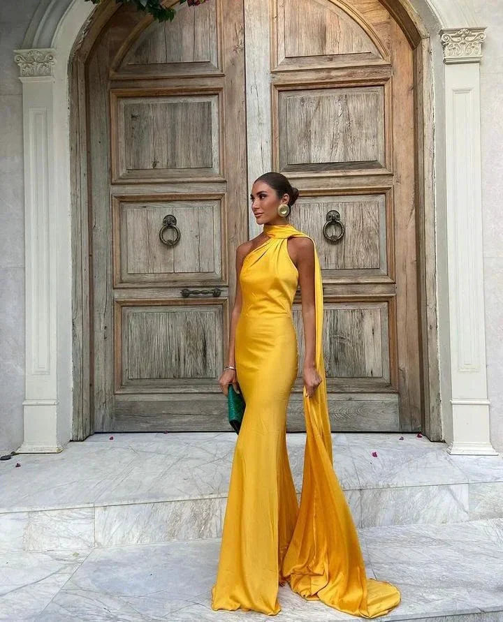 Yellow Satin Backless Off-Shoulder Long Prom Dress Evening Dress Y8466 - Image 7