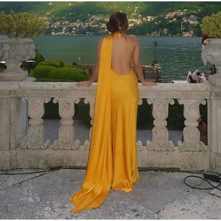Yellow Satin Backless Off-Shoulder Long Prom Dress Evening Dress Y8466 - Image 8