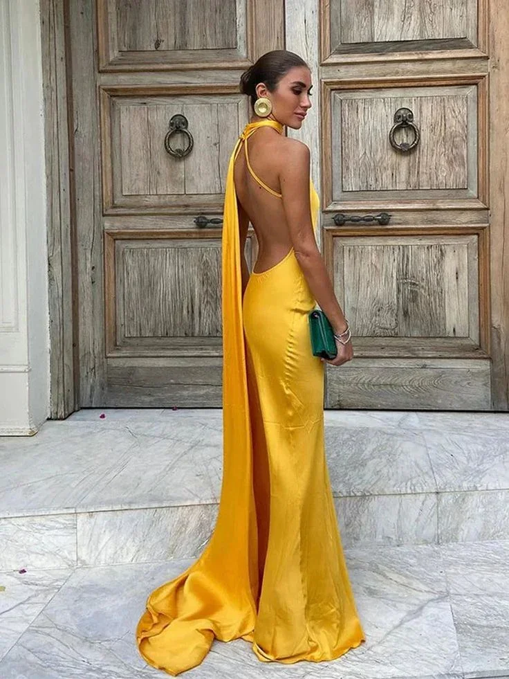 Yellow Satin Backless Off-Shoulder Long Prom Dress Evening Dress Y8466 - Image 9