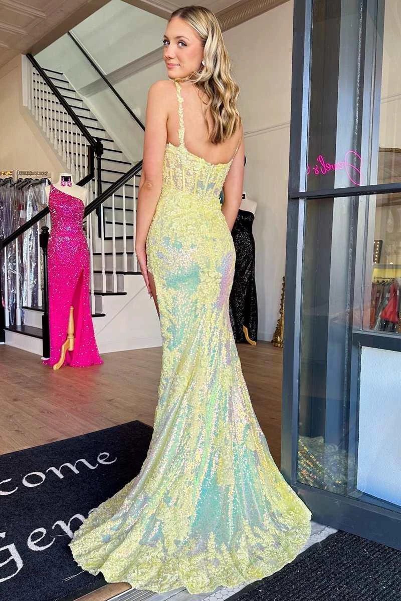 Chandler | Yellow Sequin Appliques Scoop Neck Mermaid Long Prom Dress with Slit - Image 3