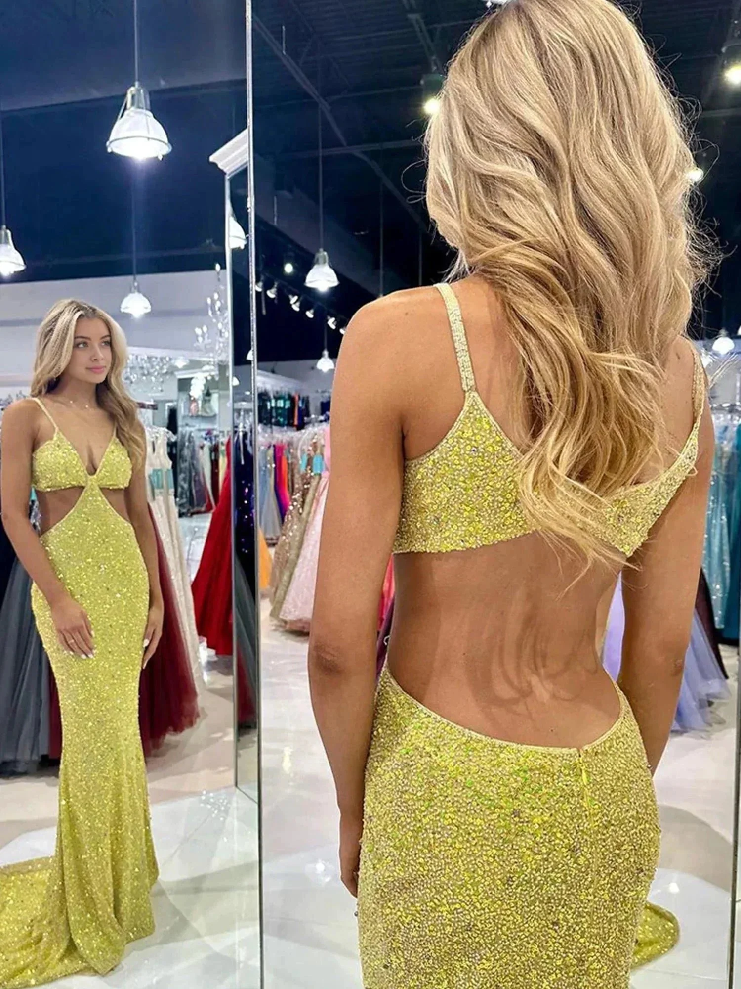 Terri | Mustard Green Sequins Deep V Neck Cutout Long Prom Dresses - Image 2