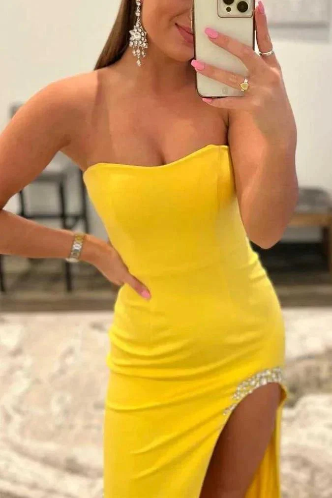 Yellow Strapless Long Formal Dress with Slit - Image 2