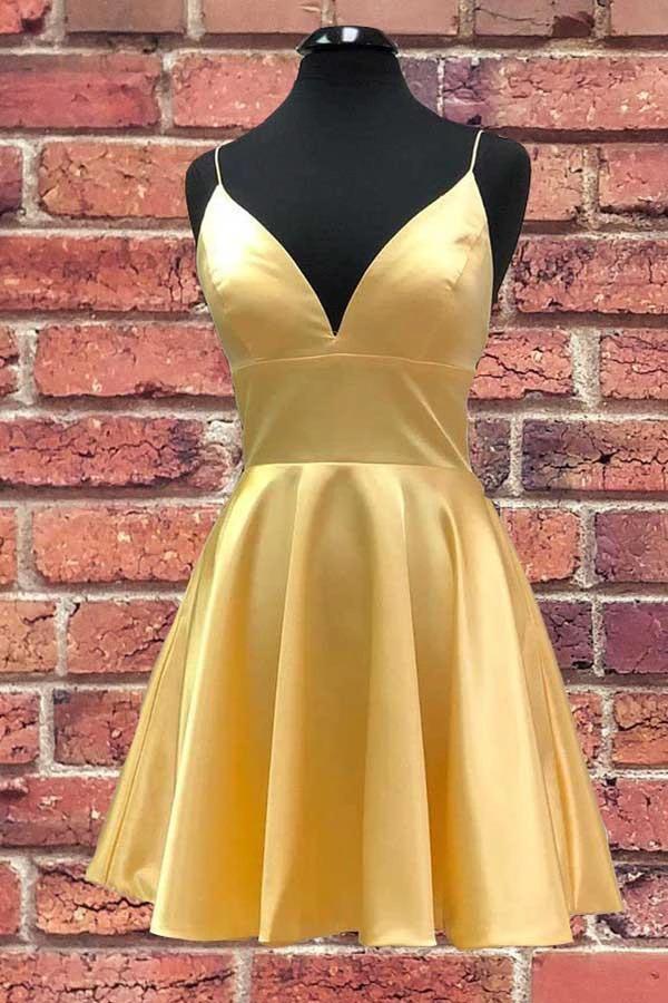 Yellow V Neck Satin Straps Homecoming Dresses Short Prom Dress  PD279 - Image 5