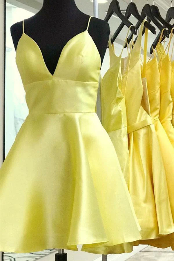 Yellow V Neck Satin Straps Homecoming Dresses Short Prom Dress  PD279 - Image 7