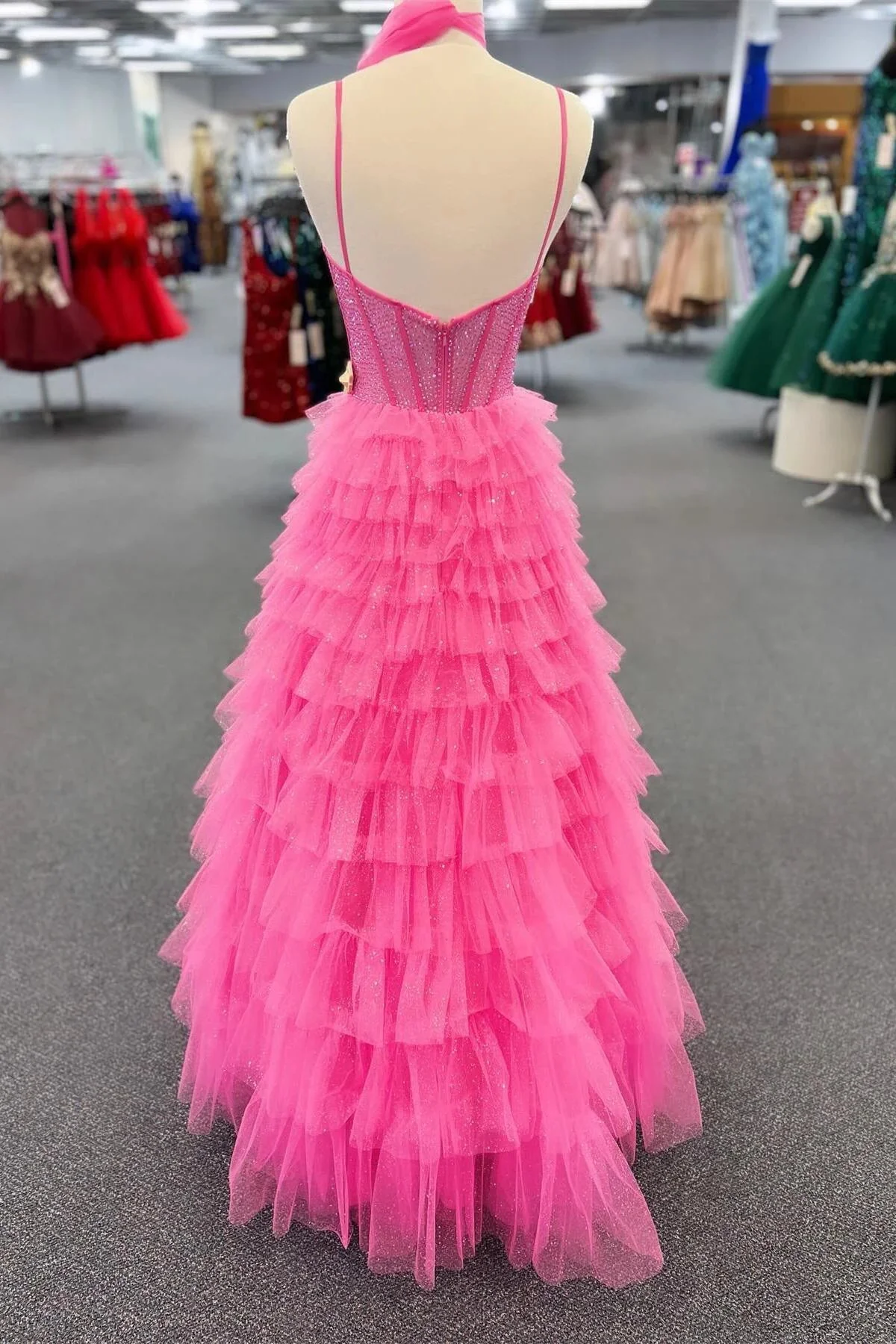 Yetta | Tulle A-Line Spaghetti Strap Beaded Long Tiered Prom Dress - Image 2