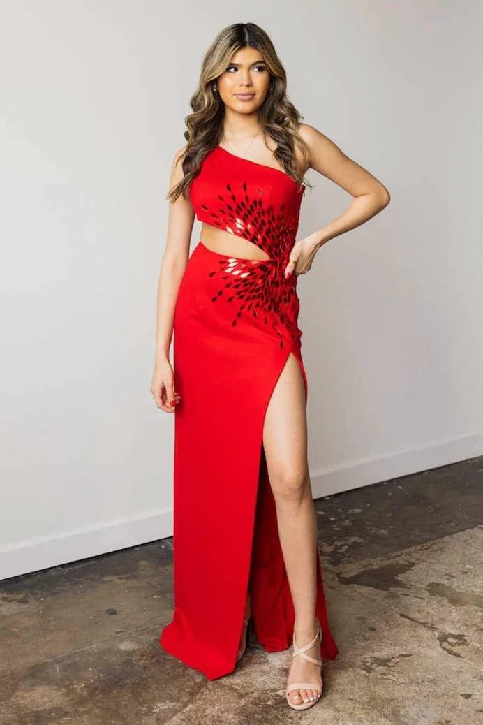 Yonderly | One Shoulder Royal Blue Cut Glass Mirror Long Prom Dress with Slit - Image 4