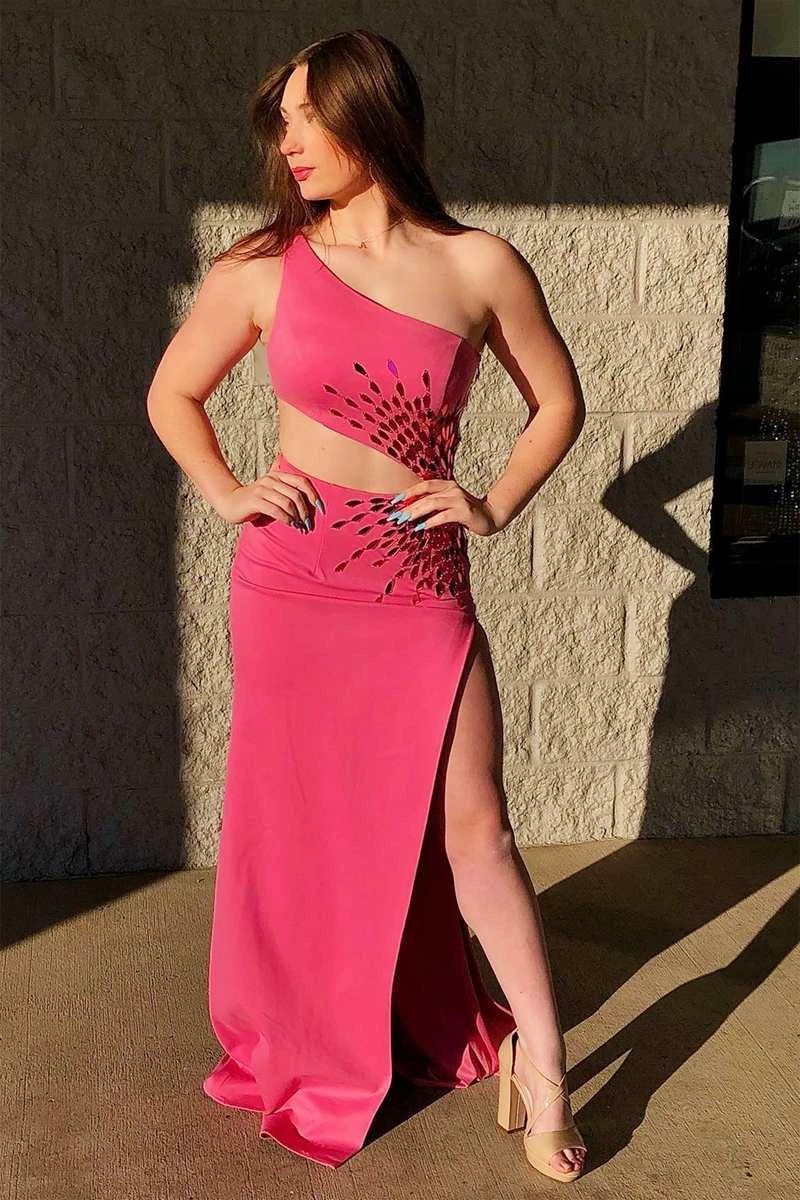 Yonderly | One Shoulder Royal Blue Cut Glass Mirror Long Prom Dress with Slit - Image 7