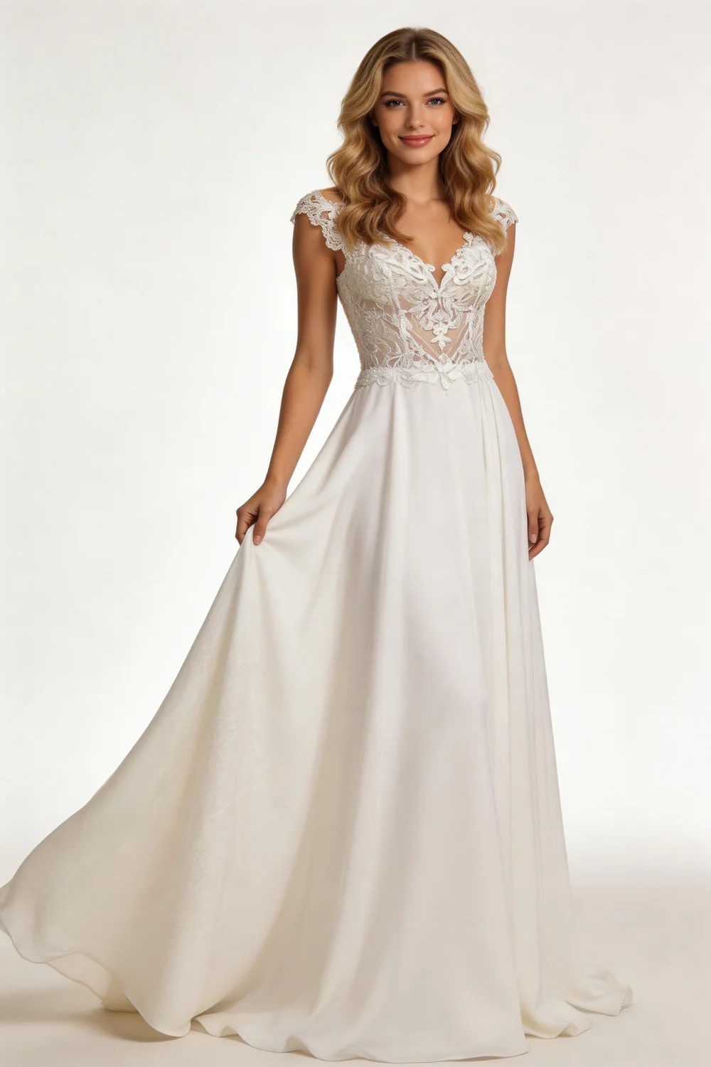 #001 Modern V-Neck Wedding Dresses Lace Appliques Chiffon Backless Boho A-Line Bride Gown Backless Sweep Train Vestido de novia