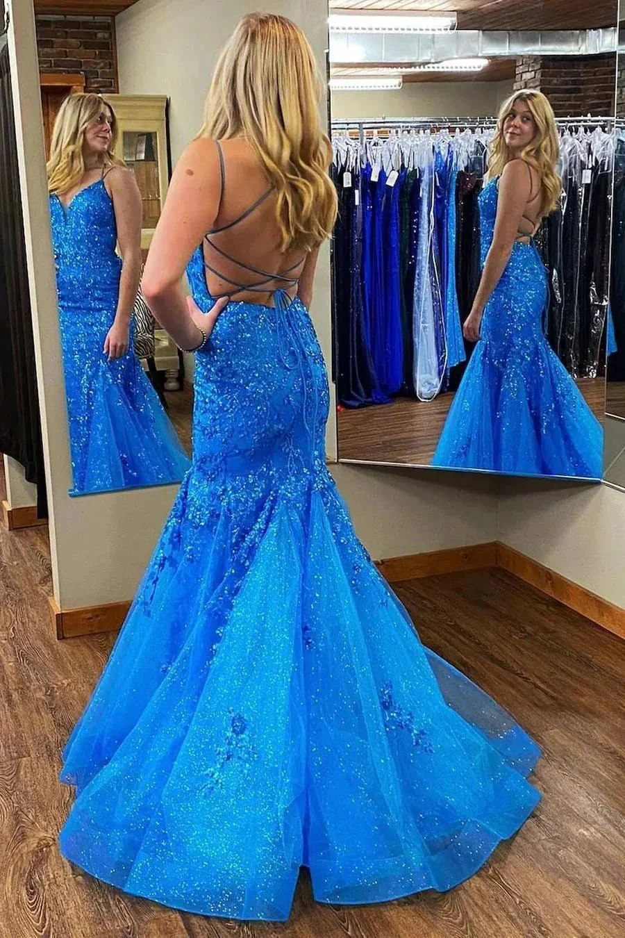 Zadie | Mermaid V Neck Sequins Lace Long Prom Dresses with Appliques - Image 2