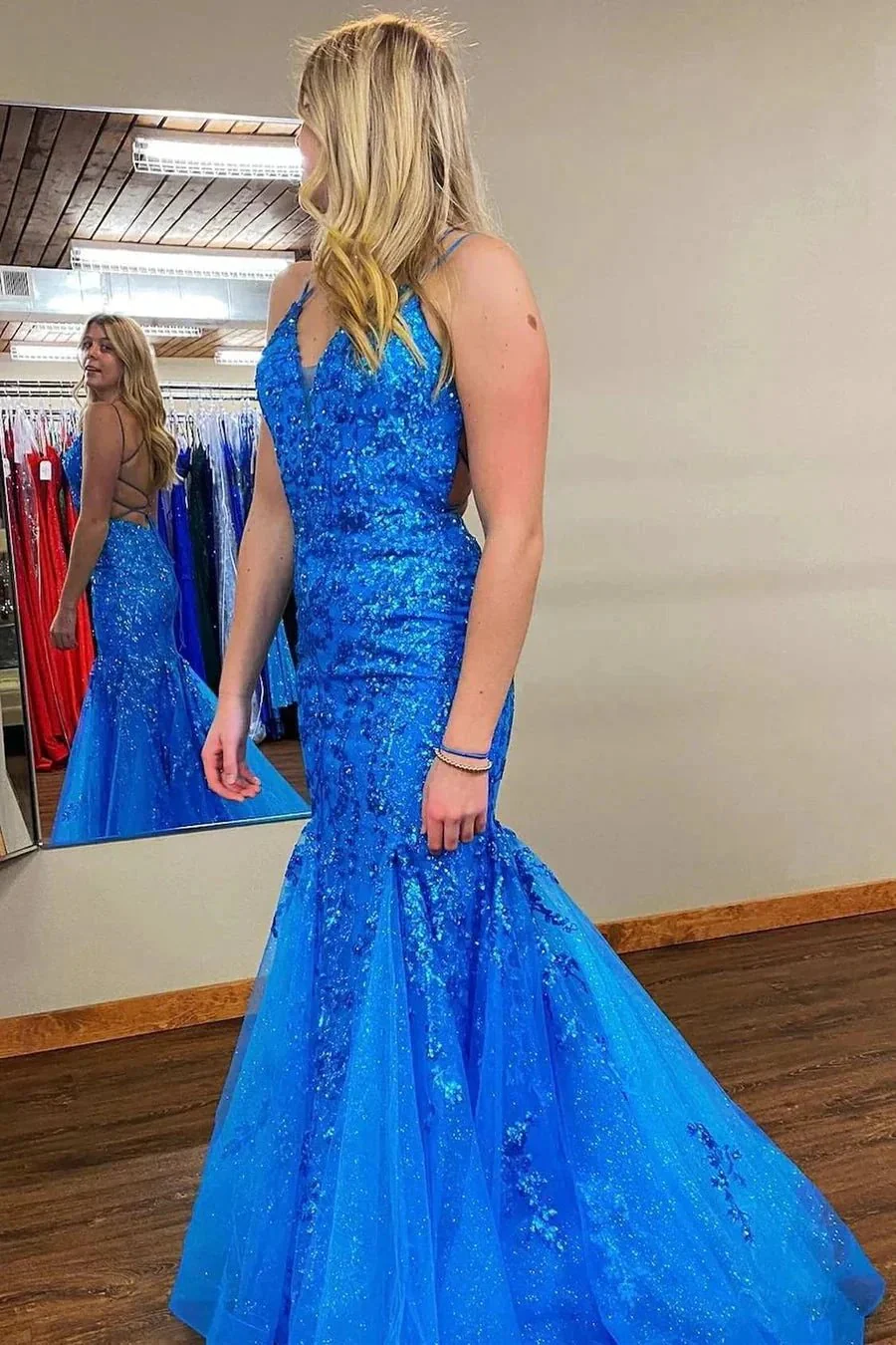Zadie | Mermaid V Neck Sequins Lace Long Prom Dresses with Appliques - Image 3