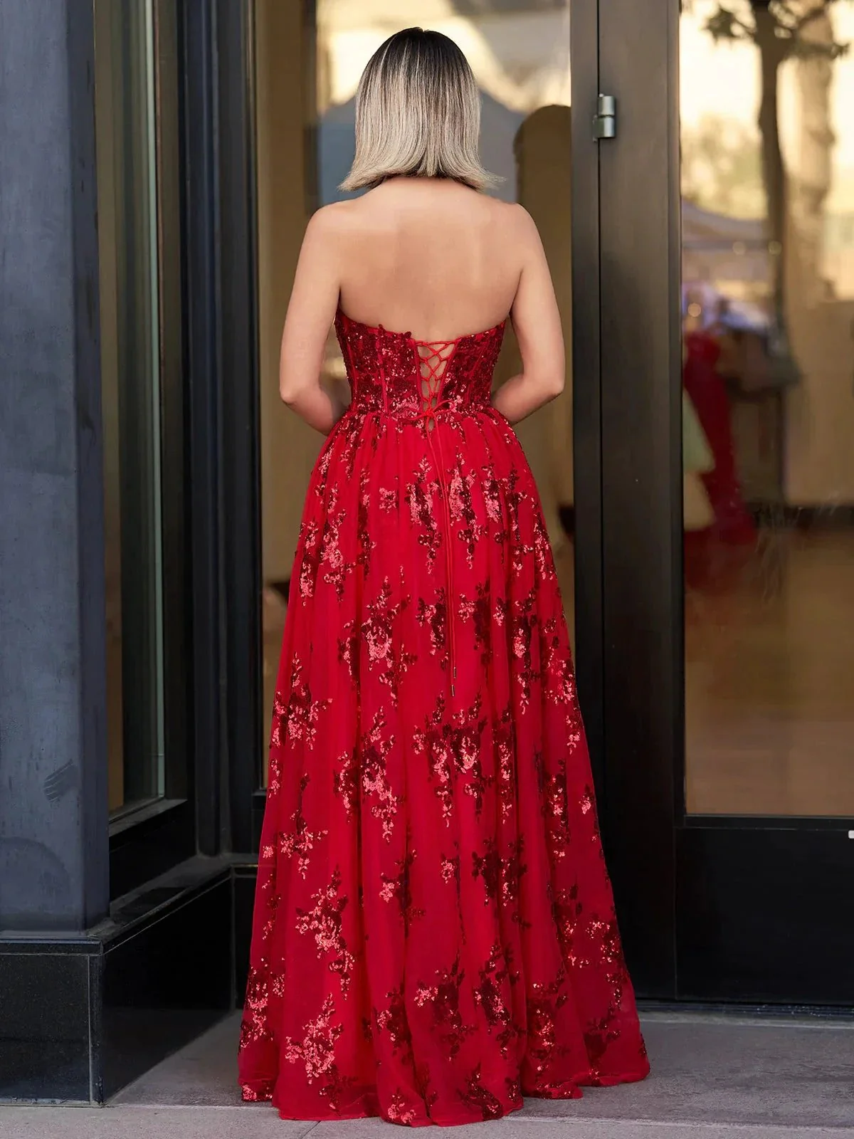Zara | A Line Strapless Pleating Long Prom Dress With Applique - Image 2