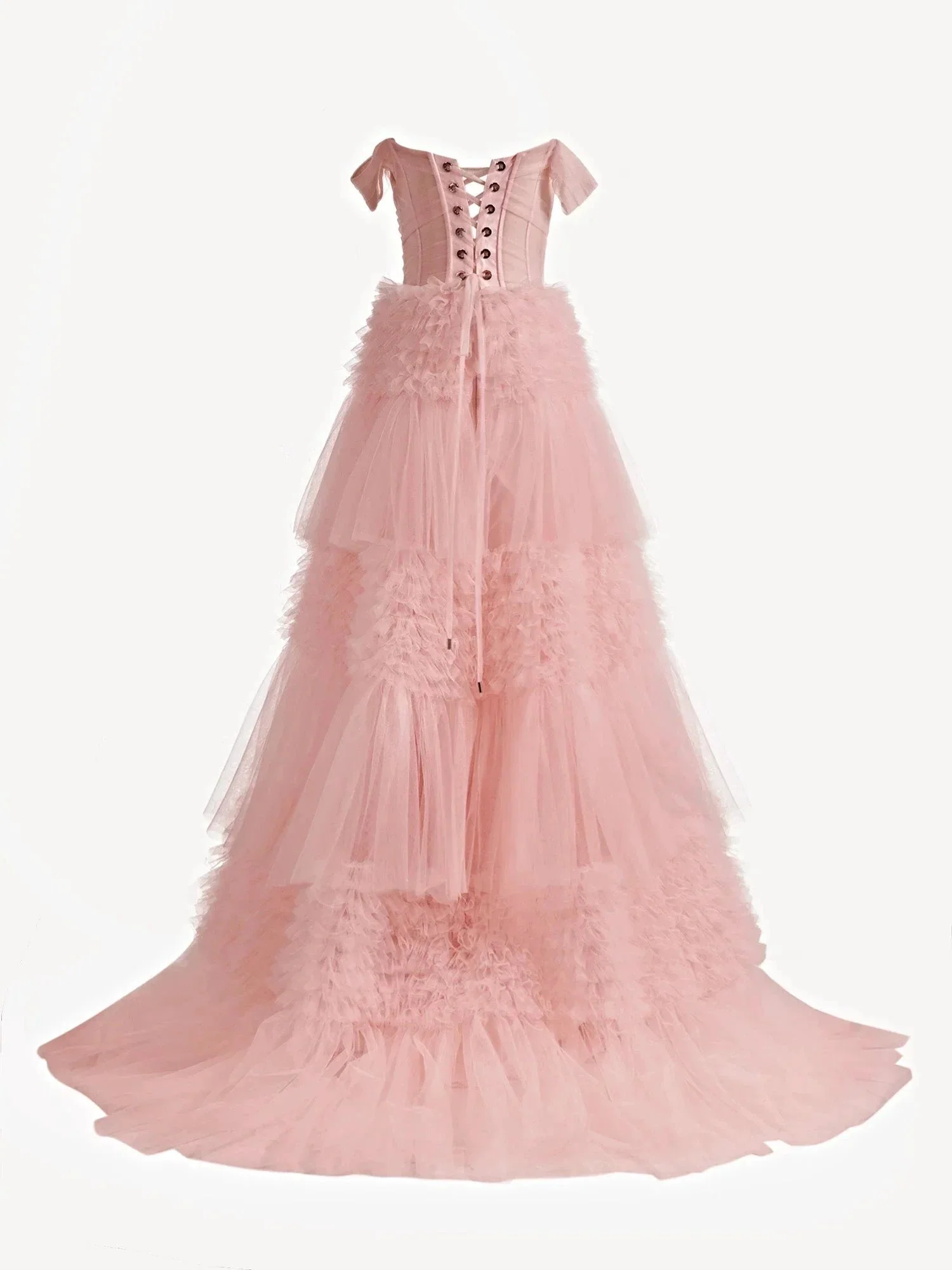Zariah | Blush Princess A line Off Shoulder Ruffled Tulle Prom Dress - Image 10