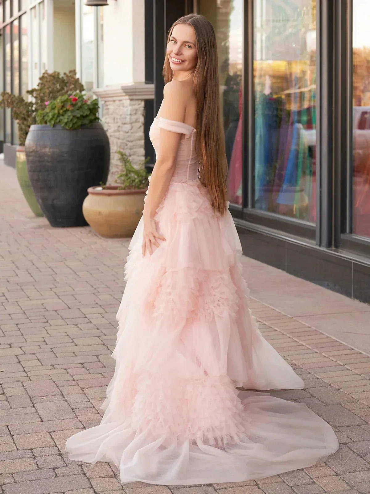 Zariah | Blush Princess A line Off Shoulder Ruffled Tulle Prom Dress - Image 2