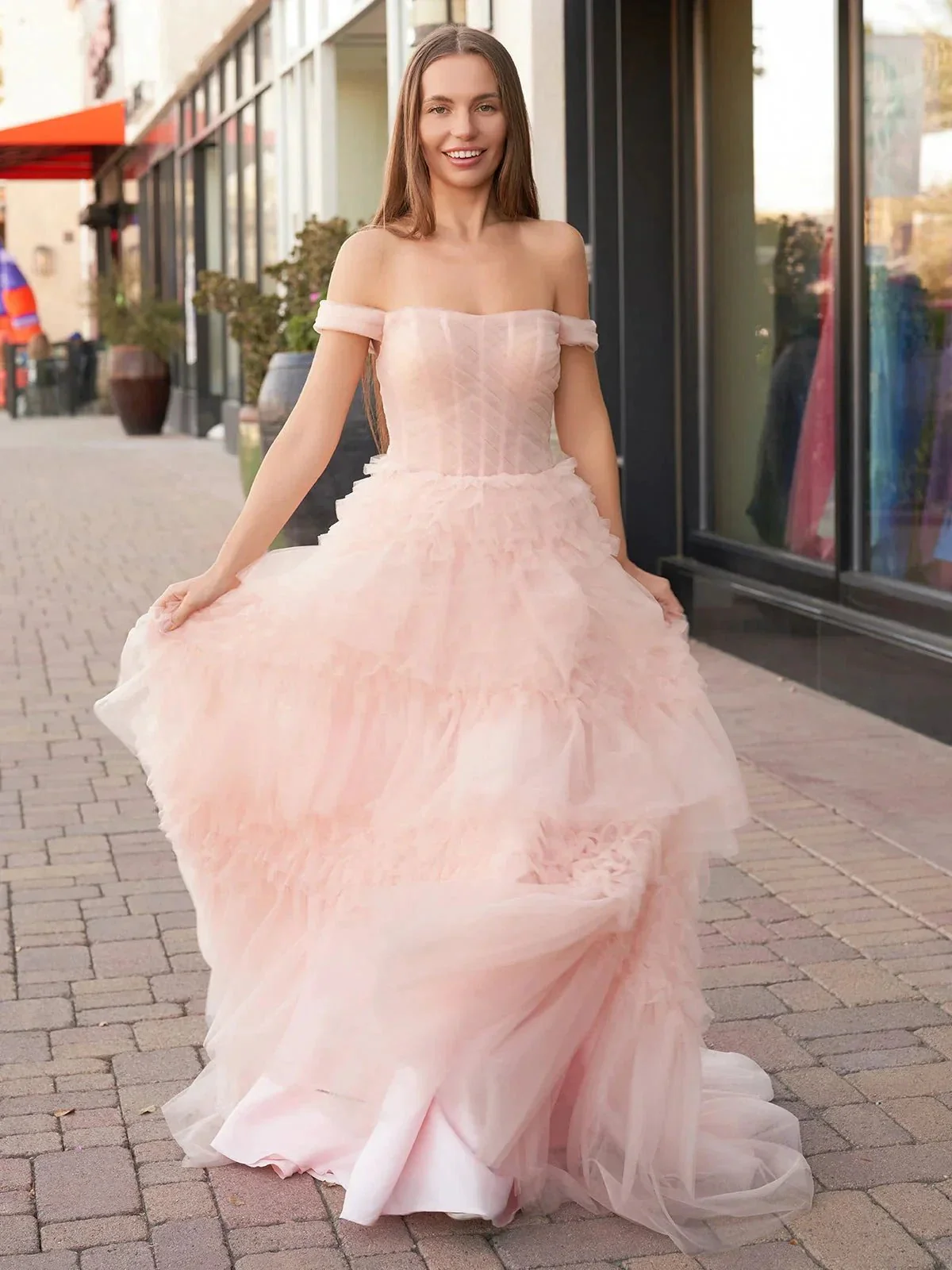 Zariah | Blush Princess A line Off Shoulder Ruffled Tulle Prom Dress - Image 3