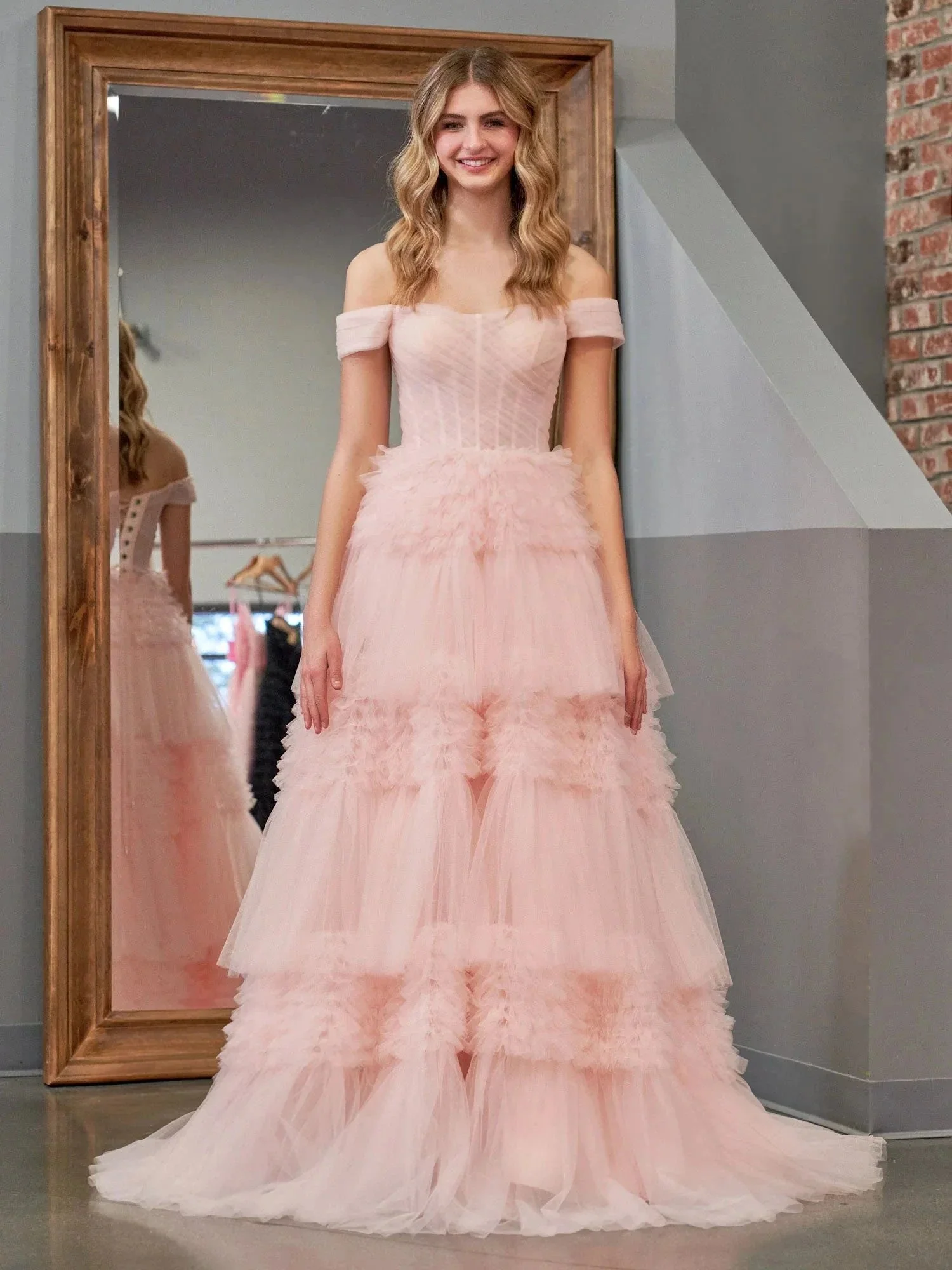 Zariah | Blush Princess A line Off Shoulder Ruffled Tulle Prom Dress - Image 4