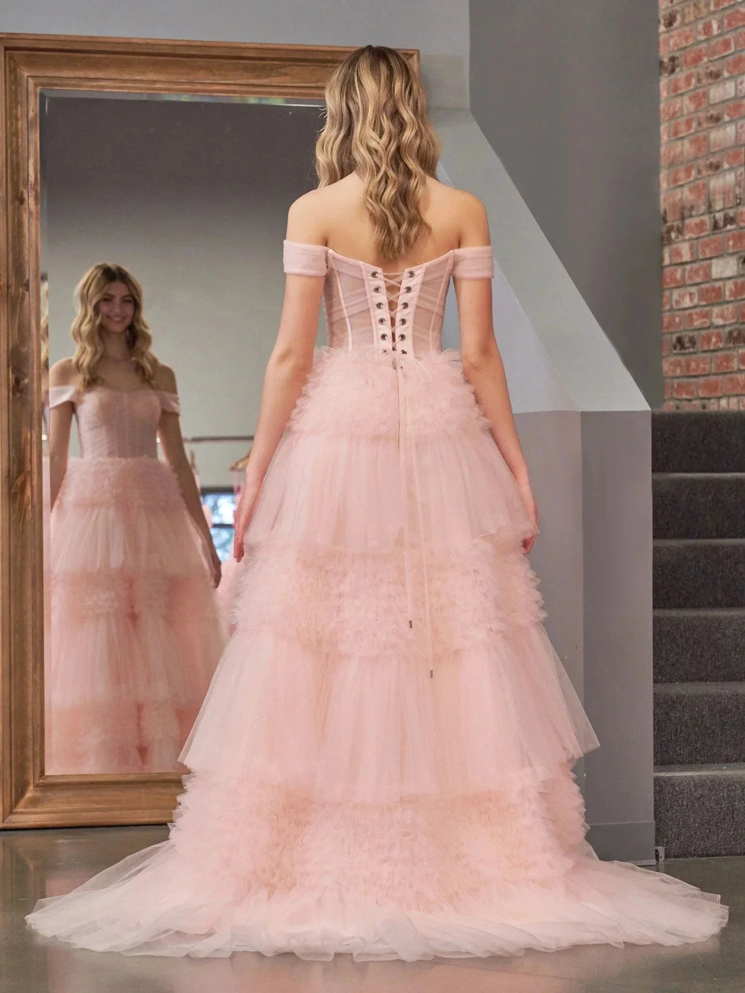 Zariah | Blush Princess A line Off Shoulder Ruffled Tulle Prom Dress - Image 5