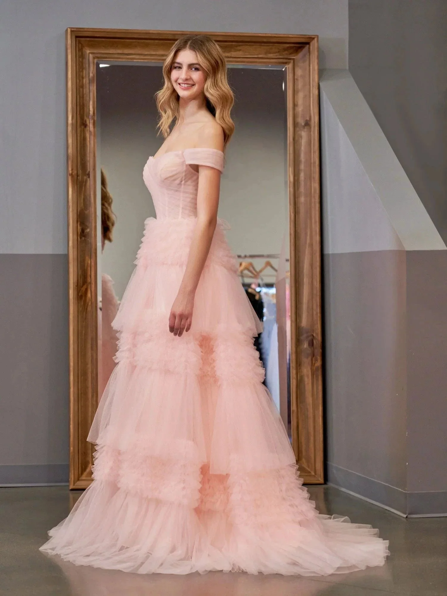 Zariah | Blush Princess A line Off Shoulder Ruffled Tulle Prom Dress - Image 6