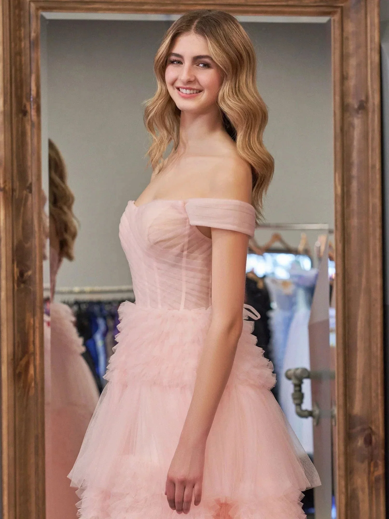 Zariah | Blush Princess A line Off Shoulder Ruffled Tulle Prom Dress - Image 7