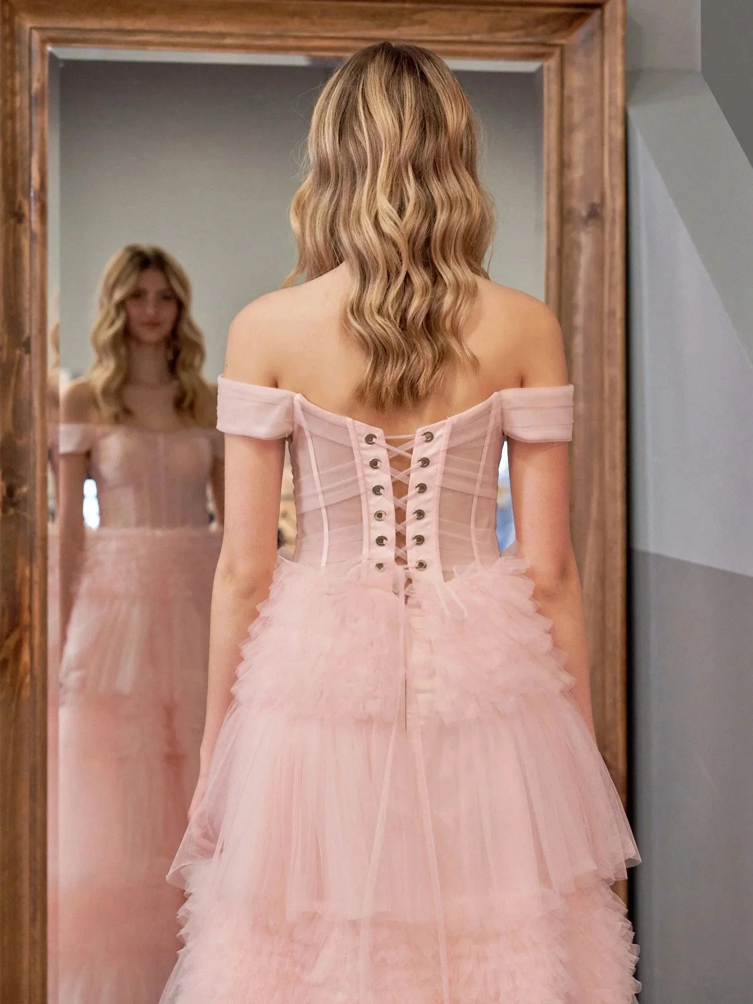 Zariah | Blush Princess A line Off Shoulder Ruffled Tulle Prom Dress - Image 8