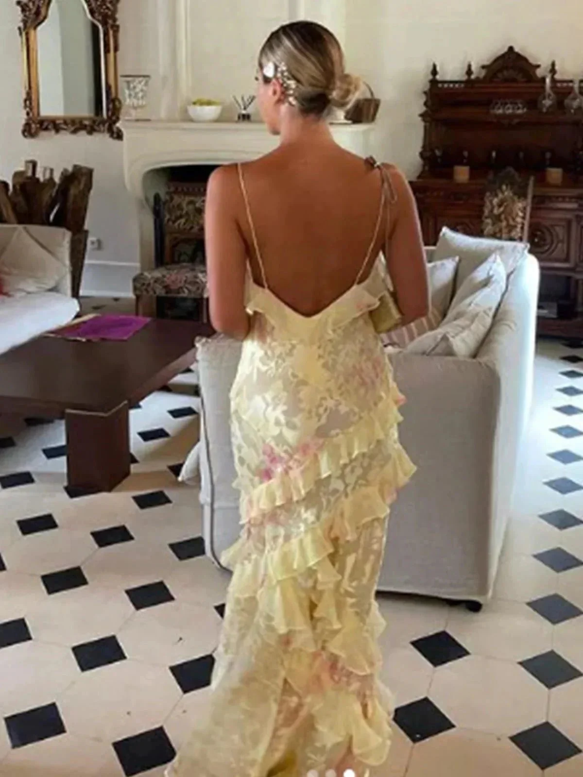 Zaylee | Yellow Spaghetti Straps Mermaid Long Prom Dress with Ruffles - Image 2