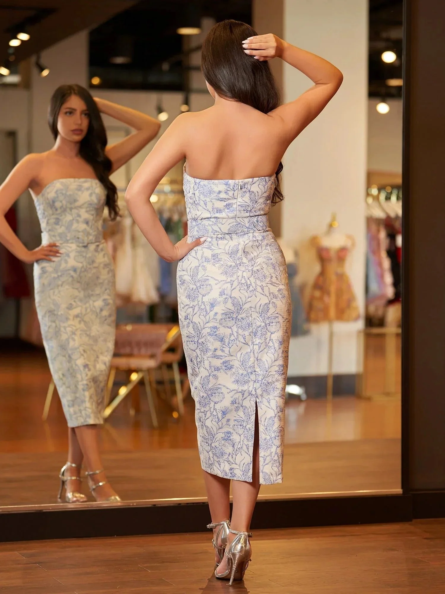 Zeno | Mermaid Tea Length Strapless Prom Dress With Sashes - Image 2