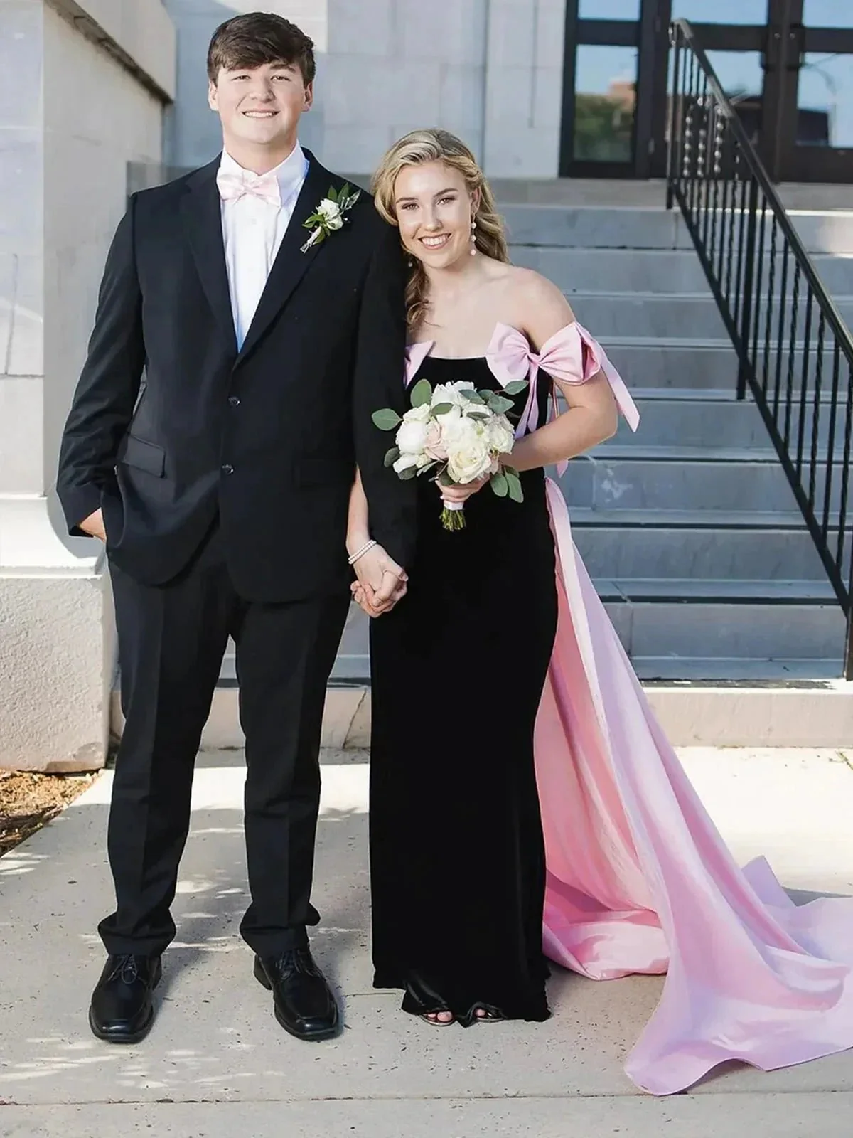 Zia | Off the Shoulder Pink Mermaid Long Velvet Prom Dress with Bows - Image 2