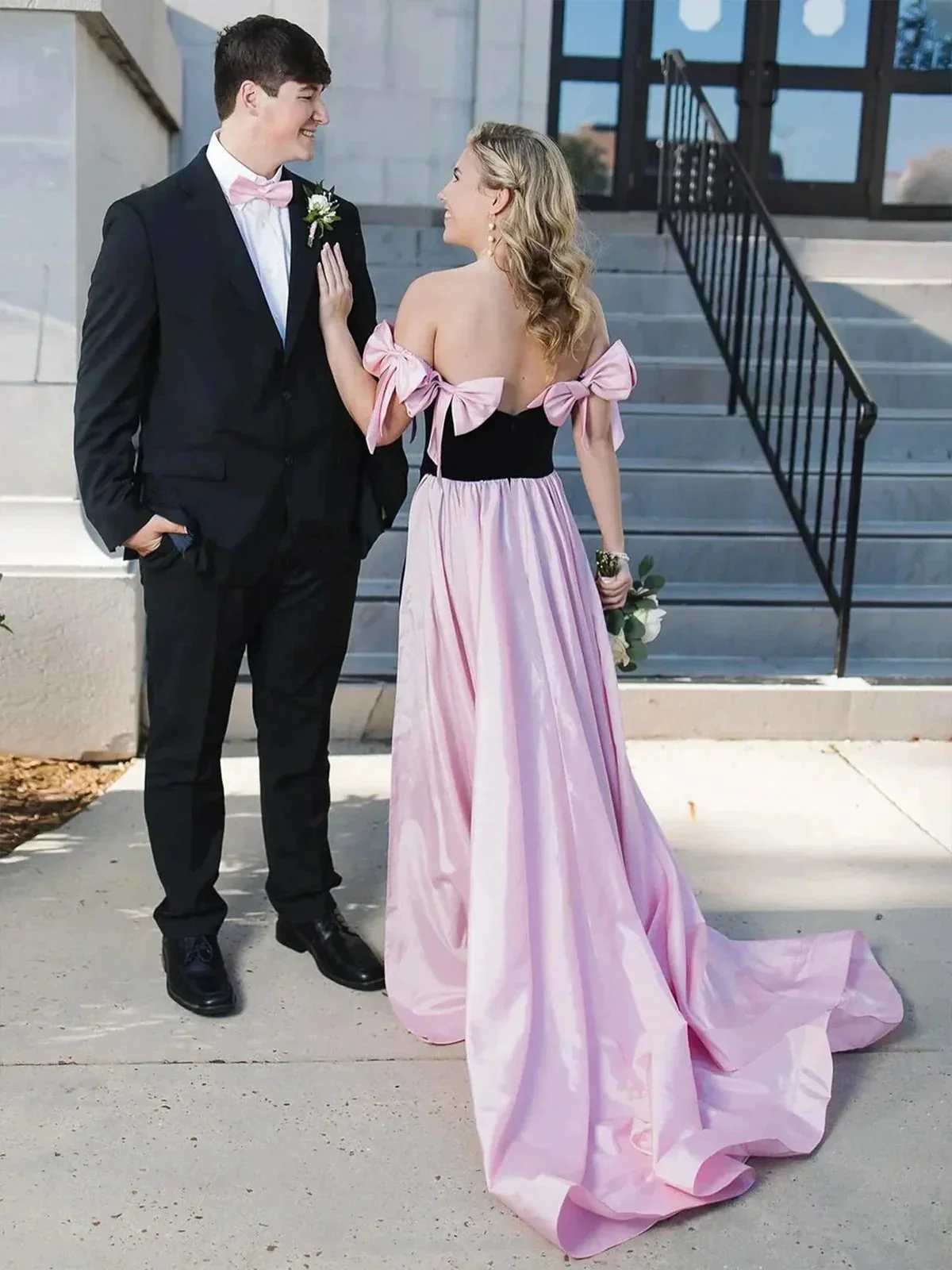 Zia | Off the Shoulder Pink Mermaid Long Velvet Prom Dress with Bows - Image 3