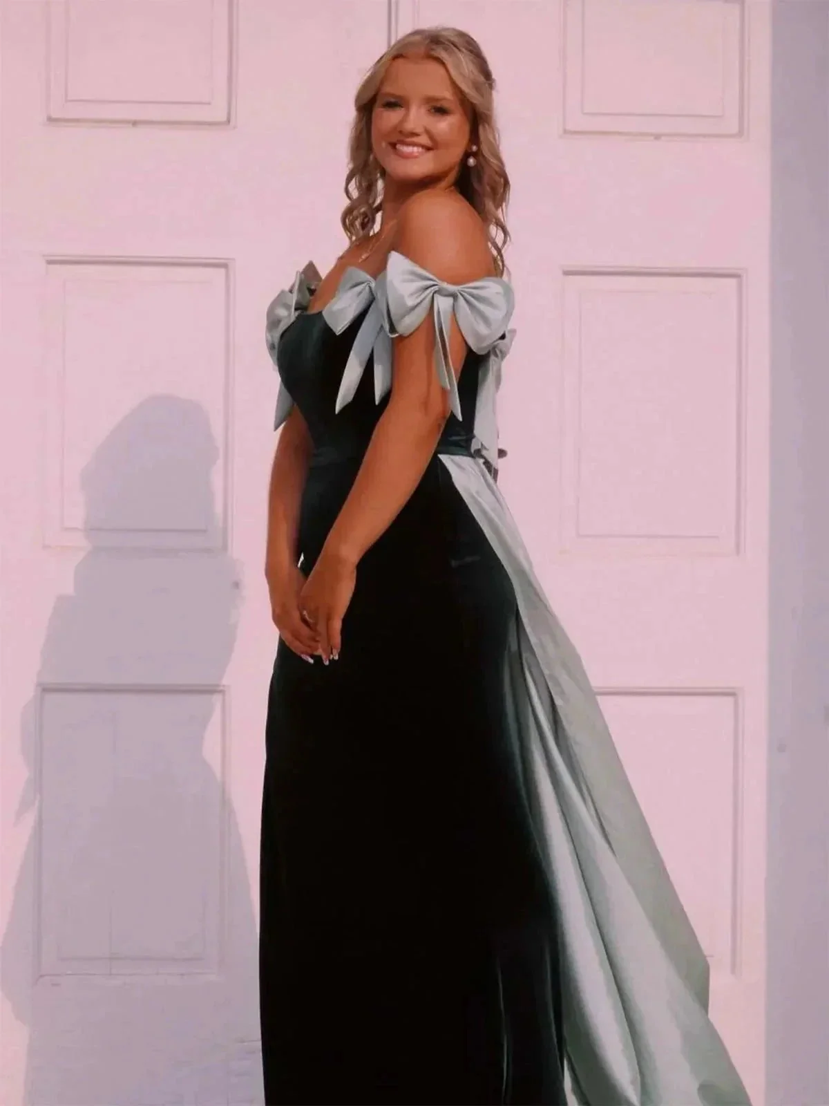 Zia | Off the Shoulder Pink Mermaid Long Velvet Prom Dress with Bows - Image 6
